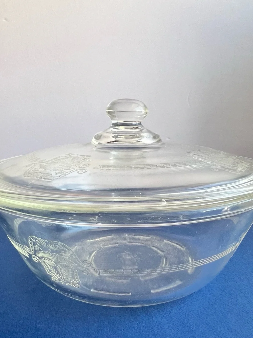 VTG Glasbake Floral Glass Casserole Dish Handmade Wood Base